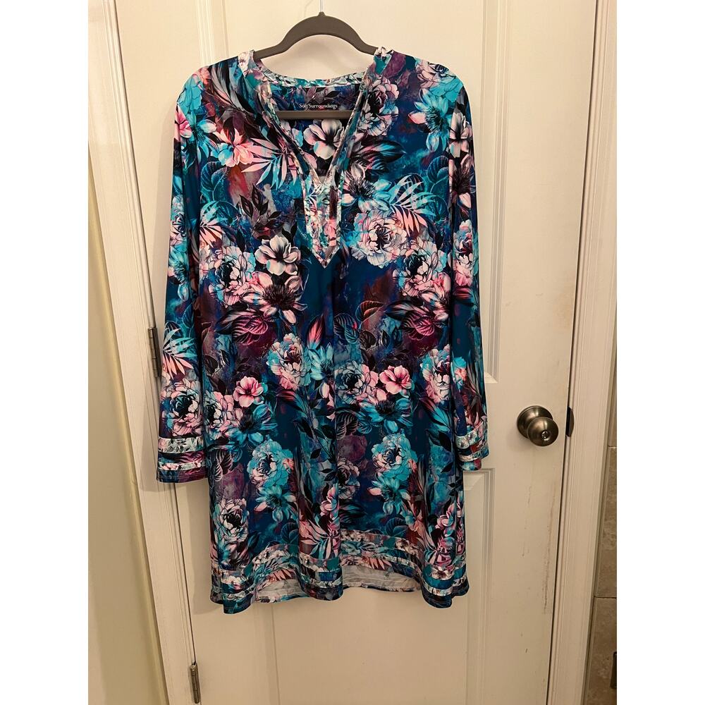 Soft Surroundings Women's XL Jewell UPF Midi Dress Tunic Coverup Midnight Floral - Picture 2 of 8